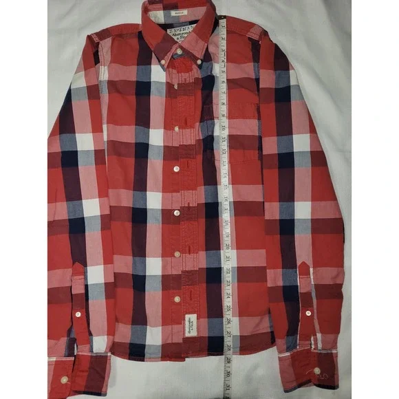 VTG Abercrombie & Fitch Men Large Flannel Plaid Muscle Shirt Y2K Preppy Red/Blue - Picture 3 of 6